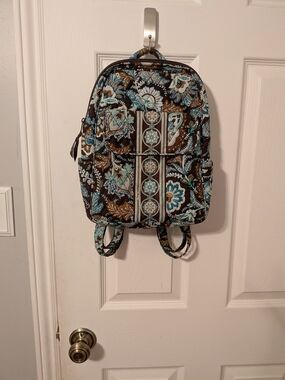 Vera Bradley Retired Java Blue Pattern Quilted Floral Backpack in Brown and Aqua